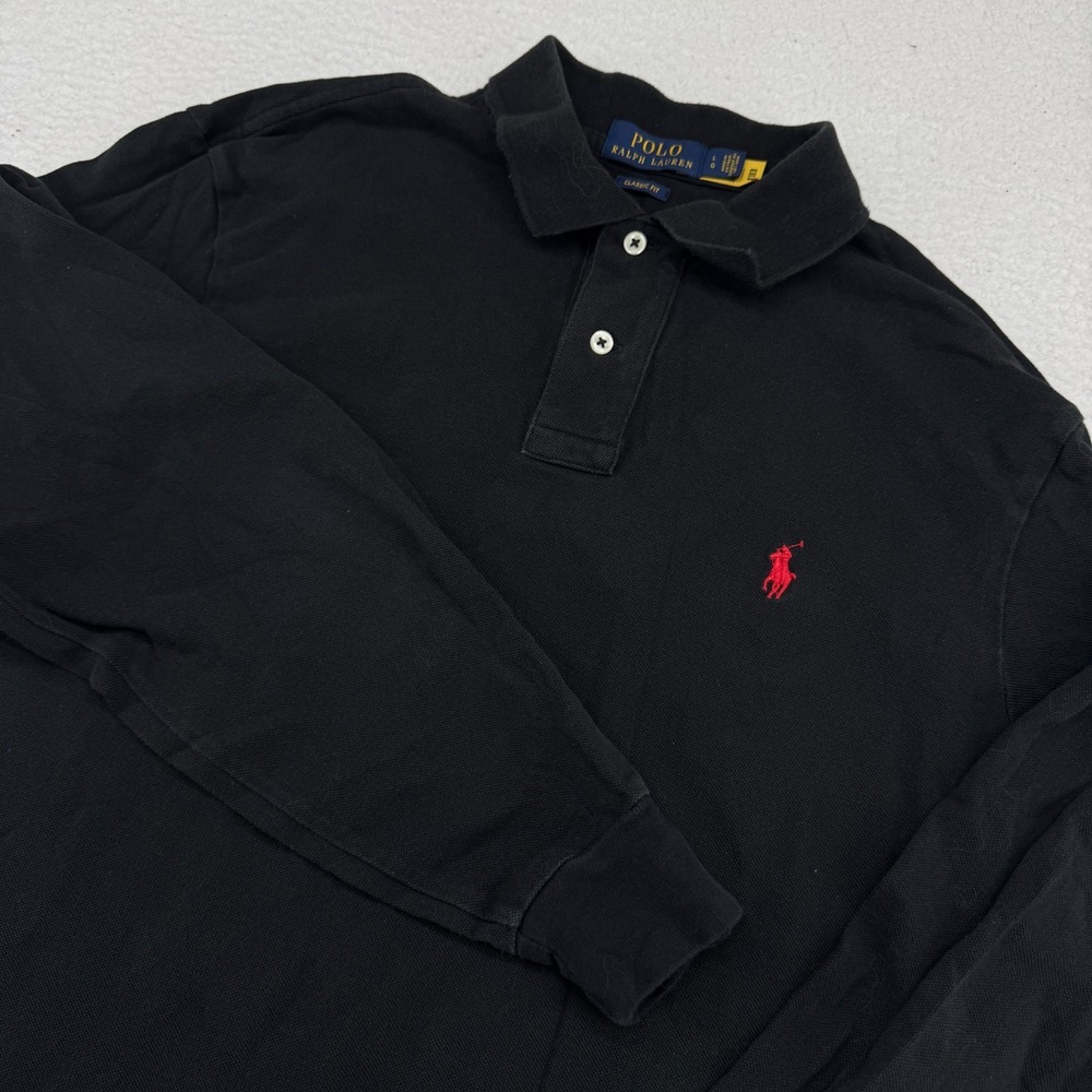 Polo Ralph Lauren Long Sleeve Polo Mens Large Black Solid Classic Fit Red Pony